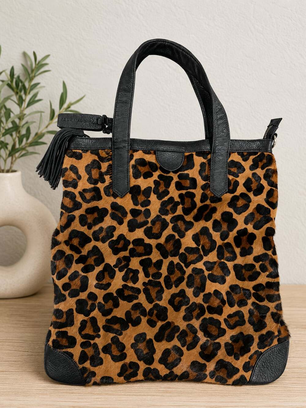 Aqua Madonna Leopard Hair-On Cowhide Leather Tote Bag Zip Top Animal Print